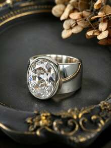 1 pieza Anillo de banda ancha minimalista, incrustado con circonita brillante, disponible en forma ovalada, cuadrada o de corazón, regalo de aniversario, duradero para uso diario, adecuado para fiestas y celebraciones - Anillo - Ver 3