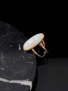 SEEKGLEE 1pc Oval White Shell Open Ring, Golden Plated Stainless Steel Band, Daily Wear Jewelry For Women - White - View 3