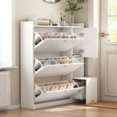 Versatile Tilting Shoe Cabinet With 3 Fold-Down Drawers, Storage Entryway Organizer With Drawer, Freestanding Shoe Rack With Fold-Down Bench For The Hallway, White, 119*24*122