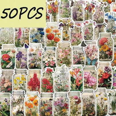 50pcs Beautiful Vintage Flower Jar Stickers, Decorate Water Cups, Skateboards, Hand Account Books, Mobile Phones, Waterproof Stickers