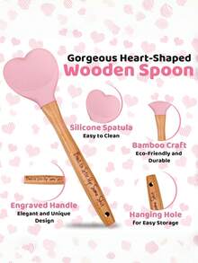 Personalized Pink Heart-Shaped Silicone Spatula, Customizable Name/Text/Logo, Fun Wooden Spoon Set, Personalized Silicone Spoon, Unique Heart-Shaped Design With Wooden Handle, Non-Stick And Heat-Resistant, Suitable For Stirring, Baking, Cooking, Etc., Personalized Home Kitchen Supplies, The Best Gift Choice For Her. - Pink - View 3