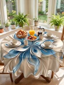 1 buah Taplak Meja Bunga Abstrak Biru & Putih, Taplak Meja Makan Seni Cetak Datar 2D, Gaya Minimalis Modern, Cocok Untuk Dekorasi Restoran, Dapur, Pesta, dan Perjamuan - A - View 3