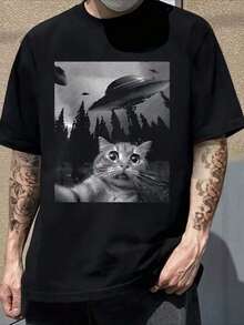 GiftCAT ET Y2K Style Graphic Print Cotton T-Shirt - Soft And Comfortable Crew Neck Short Sleeve Top With Eye-Catching Portrait Print, Hip Hop Streetwear For All Seasons.| Crew Neck T-Shirt| Soft Cotton Shirt - 黑色 - 查看 7