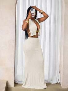 Conjunto de top halter metálico calado y minifalda para mujer - Albaricoque - Ver 4