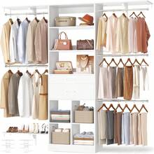 60 Inch White Expandable Closet Organizer System, 1.58-6.8FT Walk-In Closet With 5 Hanging Rods & Reversible Hanging Shelving, Wooden Drawers Included - White - View 1