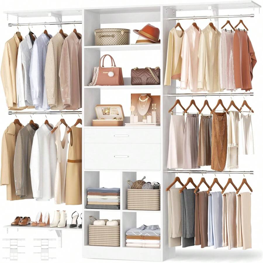 60 Inch White Expandable Closet Organizer System, 1.58-6.8FT Walk-In Closet With 5 Hanging Rods & Reversible Hanging Shelving, Wooden Drawers Included - White - View 1