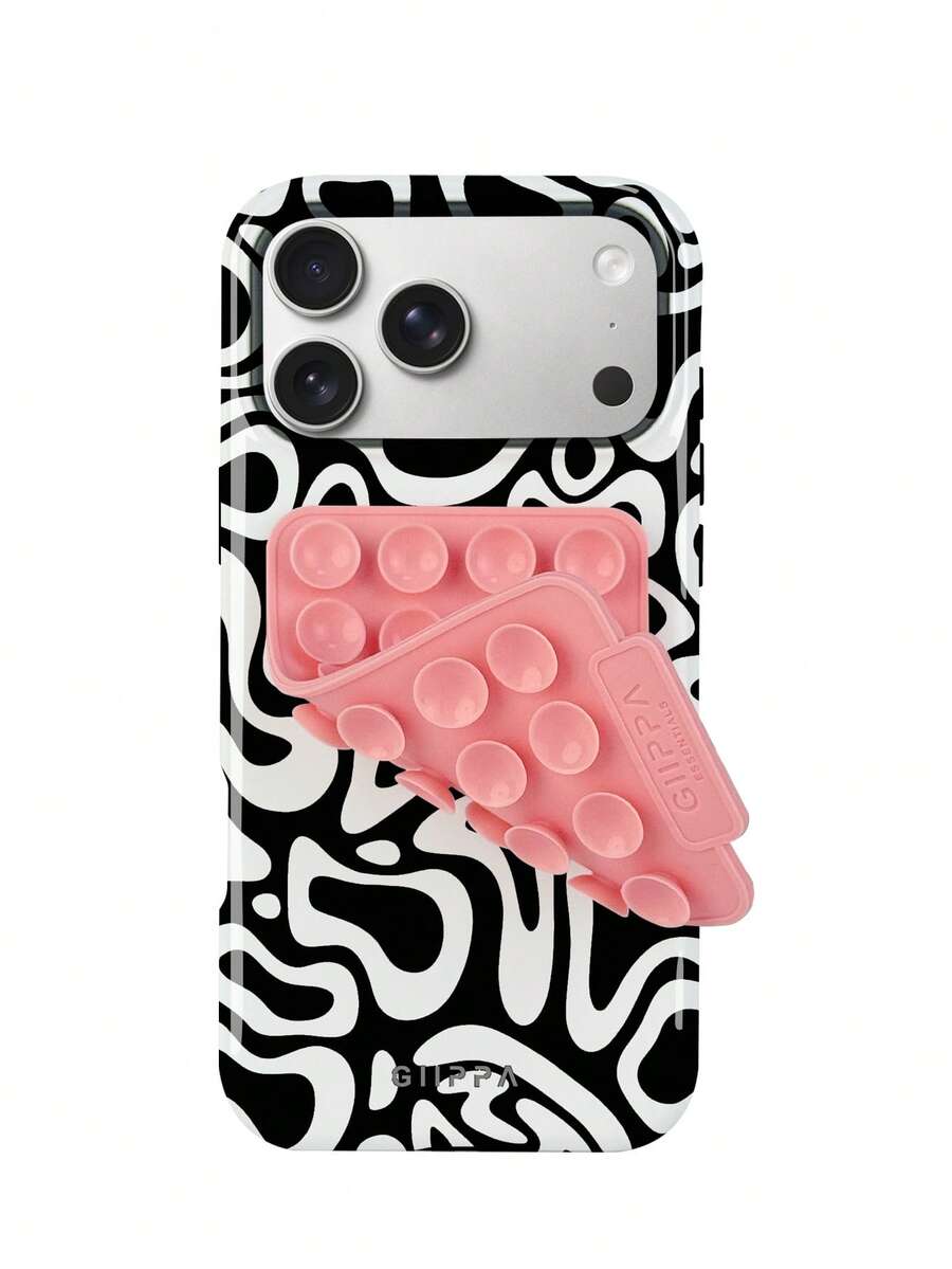 一套黑色不规则波浪纹手机壳+粉色吸盘，适用于 17 Pro Max、16 Pro Max、15 Pro Max、14 Pro Max，韩版时尚趣味手机壳，兼容 11/12/13/14/15/16 Pro Max Plus，优雅设计男女皆宜，是圣诞节、情人节、复活节、婚礼季和生日送给女友的理想礼物。 - 黑色 - 查看 1