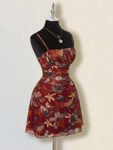 Vestido mini halter retro estampado otoñal con pliegues para mujer - Burdeos - Ver 7
