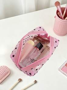 1 pieza Bolsa de maquillaje de malla con corazón rosa, bolsa de almacenamiento minimalista, bolsa de aseo multifuncional, adecuada para maquillaje, viajes y uso diario - Rosa - Ver 3