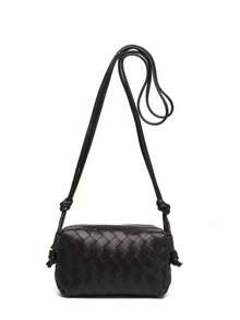 Elegant Black Woven Mini Crossbody Bag For Women, Soft PU Leather Square Shoulder Bag With Cute Bow Decor, Detachable Long Strap, Woven Texture Handbag, Casual Daily Clutch, Minimalist Fashion Tote, Lightweight Shoulder Bag, Multifunctional Crossbody Bag Suitable For Work, Date, Travel, Shopping, Office, Fashion Woven Handbag, Sophisticated Evening Clutch, Durable Soft PU Leather Wristlet, Stylish Bow Decor Crossbody Bag - Black - View 2