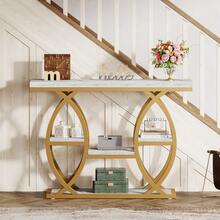 LITTLE TREE 39.4" Console Table, Industrial 4-Tier Sofa Table Entryway Table With Storage Shelves, Narrow Wood Accent Tables With Metal Frame For Small Spaces, Hallway, Foyer, White Gold - 白金 - 查看 2