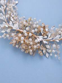 1 pieza Peineta accesorio de novia elegante con flor blanca, cristal y perla en forma de hoja - Dorado - Ver 5