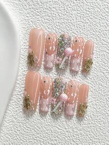 10件套甜美少女风手工美甲套装，包含按压式美甲贴片、硬币、棒棒糖、小花朵美甲配件、条纹美甲装饰、粉色指甲油，梦幻少女风，附赠美甲工具（1张果冻贴片+1把指甲锉），三种尺寸可选：杏仁形、鸭子形、棺材形，适合聚会、日常、派对、拍照、玩耍、春夏、通勤等场合。 - 彩色 - 查看 12