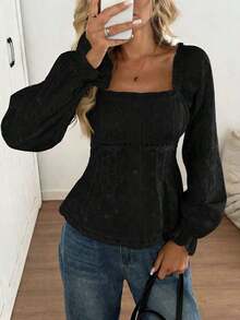 Blusa de mujer de estilo elegante y relajado para la oficina, con cuello cuadrado, volantes, mangas abullonadas, parches de encaje, cintura ceñida, diseño evasé, bordados y tela con textura jacquard - Negro - Ver 1