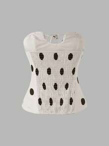 休闲性感优雅年轻时尚迷人波点编织面料抹胸甜美度假日常单身派对旅行夏季上衣、春季上衣、派对上衣、外出上衣 - 杏色 - 查看 9