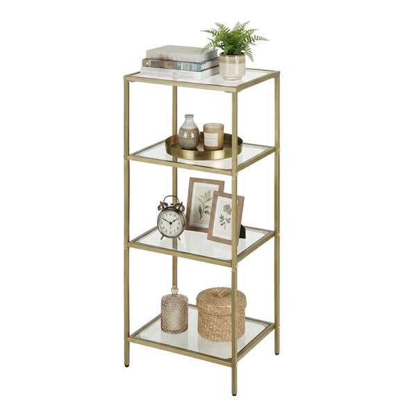 SONGMICS HOME Estante de Livros com 4 Prateleiras, Prateleira de Vidro Temperado, Fácil Montagem, para Sala, Banheiro, Quarto, Dourado