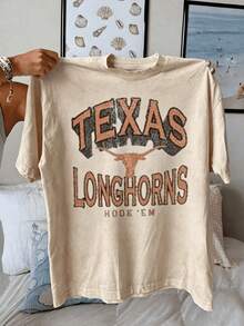 Texas Longhorn Graphic Tee Gameday Letter Print Green Cotton Loose Fit Short Sleeve Vintage Retro Streetwear Casual Apparel Women Men Unisex Tops - 杏 1 - 查看 3