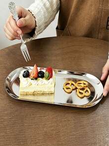 1pc Minimalist Stainless Steel Oval Tray, Multi-Purpose Metal Serving Plate For Desserts, Snacks, Jewelry & Cosmetics, Kitchen Organizer Tray - Multicolor - View 5