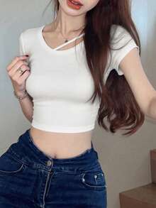 撞色蝴蝶结系带露脐女式T恤休闲款 - 白色 - 查看 3