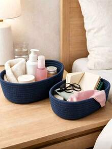 3pcs/1pc Large Blue Oval Handmade Woven Storage Basket, Bohemian Style Rope Basket, Suitable For Kitchen, Bathroom, Multi-Functional Room, Bedroom, Living Room, Dorm, Desk, Vanity, Home Decor, Also For Storing Snacks - Blue - View 5