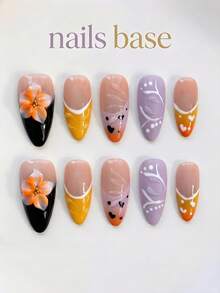 NAILS BASE 10件/組 粉色杏仁形長款法式漸層漸變甲油膠假指甲，附玫瑰紅花朵，杏仁形甲片，適合辦公場合的中性華麗風，日式手工 P - 彩色 - 查看 10