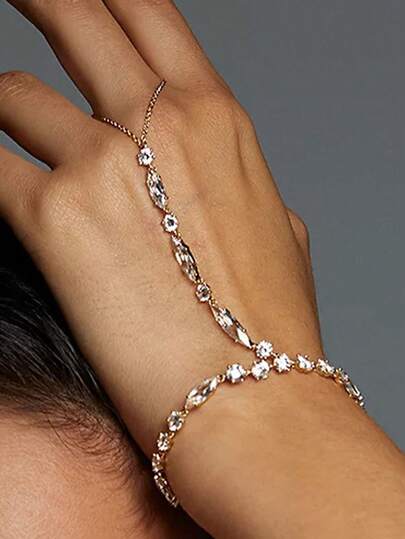 1 chiếc vòng tay đeo ngón tay đính đá lấp lánh, nhiều lớp, phụ kiện thời trang cô dâu thanh lịch, phù hợp với trang phục dự tiệc tối của phụ nữ.