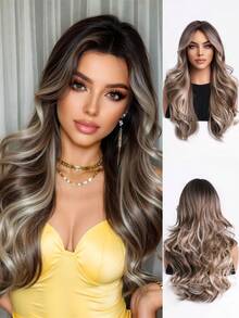 Tóc giả dài 18 inch, màu ombre nâu sang vàng tro, gợn sóng, rẽ ngôi giữa, chất liệu tổng hợp chịu nhiệt, kiểu tóc giả tự nhiên dành cho nữ, thích hợp cho tiệc tùng, cosplay hàng ngày. - Màu nâu ombre - Xem 3