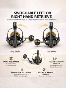 5.2:1 齿轮比纺车轮，CNC 加工铝合金摇臂，金属球形握把，远投，淡水咸水通用，左右手互换，高速渔线轮 - 黑色 - 查看 7