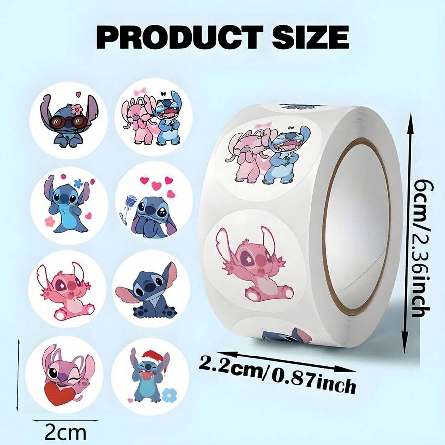 500pcs/Roll Stitch And Angel Cartoon Stickers, Children's Toys, Scrapbooking Decorative Labels, Stitch Sticker Roll, 500 Round Stickers, 25mm Cartoon Stickers, Lilo & Stitch Stickers, Cute Stitch & Angel Stickers, Self-Adhesive Labels, Children's Reward Stickers, Classroom Teacher Supplies, Party Favors, Birthday Party Decorations, Water Bottle Notebook Stickers, Waterproof Vinyl Stickers, Scrapbooking DIY Crafts, Planner Journal Stickers