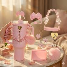 适用于30盎司和40盎司保温杯的5件套配件，包括10毫米吸管盖、瓶提手带、心形挂钩、硅胶套和钥匙扣挂件，是情人节礼物和户外活动的理想之选。 - 彩色 - 查看 4