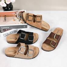 lunryet Cork Footbed Sandals For Women – Comfortable Double Buckle Slip-On With Genuine Suede Footbed & Arch Support Slides For Women Footwear - MÀU NÂU ĐỎ - Xem 8
