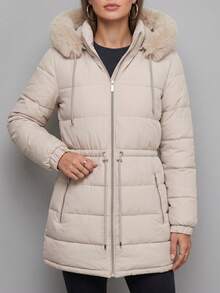 Women's Puffer Jacket With Faux Fur Lining For Winter With Hood - Beis - Ver 8