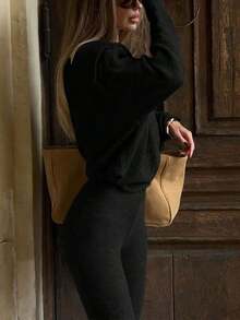 Women's Casual Long Sleeve Top And Flare Pants Two Pieces Set, Street Style For Daily Wear, Spring/Summer Black - Brown - View 8