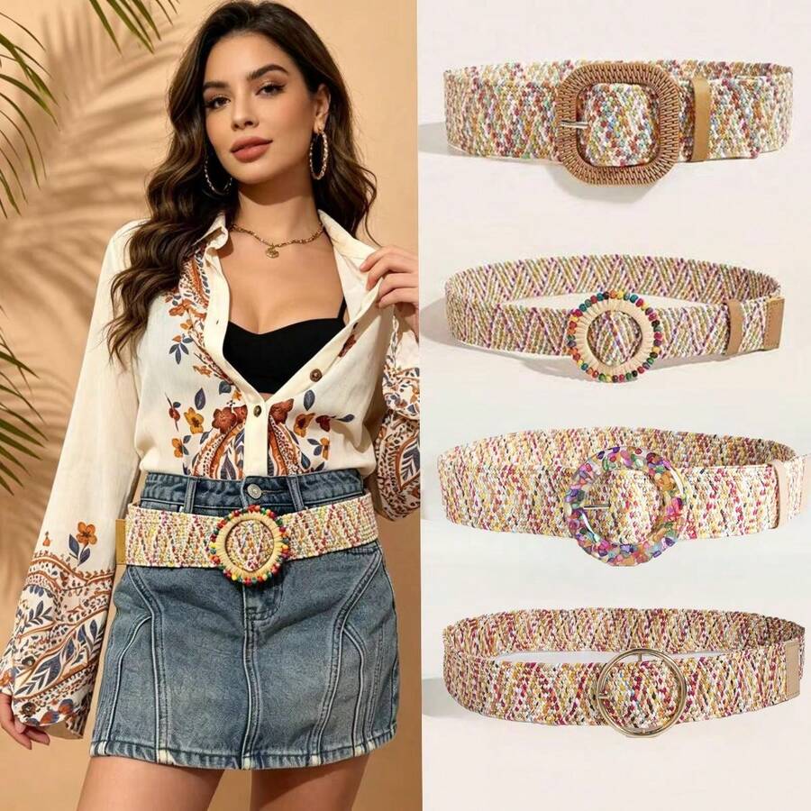 1pc Boho Woven Waist Belts, Multicolor Raffia Belts With Decorative Buckles For Women, Summer Beach & Casual Dresses - Color - View 1