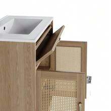 Freestanding Bathroom Cabinet Measuring 76x46x88cm, Moisture Resistant, With Liftable Drawers And Soft-Close Double Doors, High Legs With Rattan Details, Ceramic Sink, Natural Color. - 自然色 - 查看 11