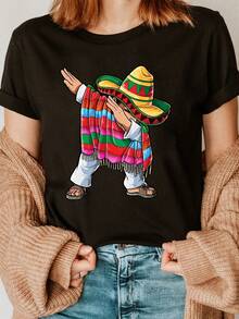 Talla unisex. Camiseta de algodón de talla grande de verano para mujer. Sombrero de ala ancha, bufanda grande, camiseta de moda mexicana con estampado de letras, top casual de manga corta y cuello redondo para verano y primavera, ropa de mujer. Material absorbente del sudor, suave y agradable para la piel. - Negro - Ver 1