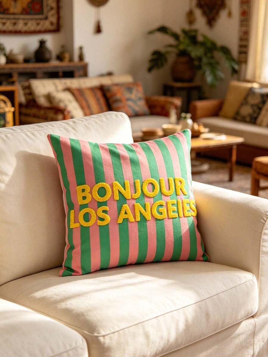 1件 BONJOUR 条纹装饰枕套,时尚家居装饰靠垫套,沙发毛巾刺绣抱枕套,适合轻复古和都市家居装饰,适合年轻人的生活空间 - 黃色 - 查看 1