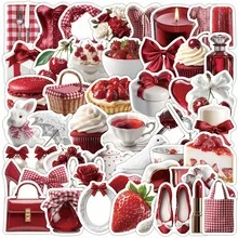 50pcs Red Plaid Aesthetic Cartoon Doodle Stickers, Decorative For Journals, Skateboards, Guitars, Cups, Creative Graffiti Stickers - TQ50-1206 - View 1