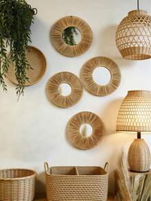 1 pieza/2 piezas/4 piezas Set de espejos de pared de girasol de ratán, espejos decorativos de estilo bohemio, marco de ratán tejido a mano para decoración de pared, adecuado para sala de estar, dormitorio, entrada, decoración de pared geométrica minimalista, decoración de pared rústica bohemia, espejos colgantes livianos para interiores - Multicolor - Ver 2