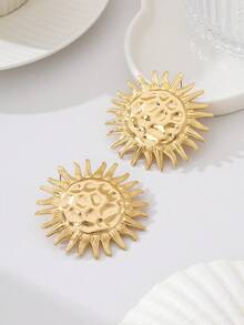 2pcs Fashionable Minimalist Asymmetrical Sun-Shaped Stud Earrings, Versatile Elegant Design Suitable For Women To Wear On Vacation - Golden Sunflower - View 4