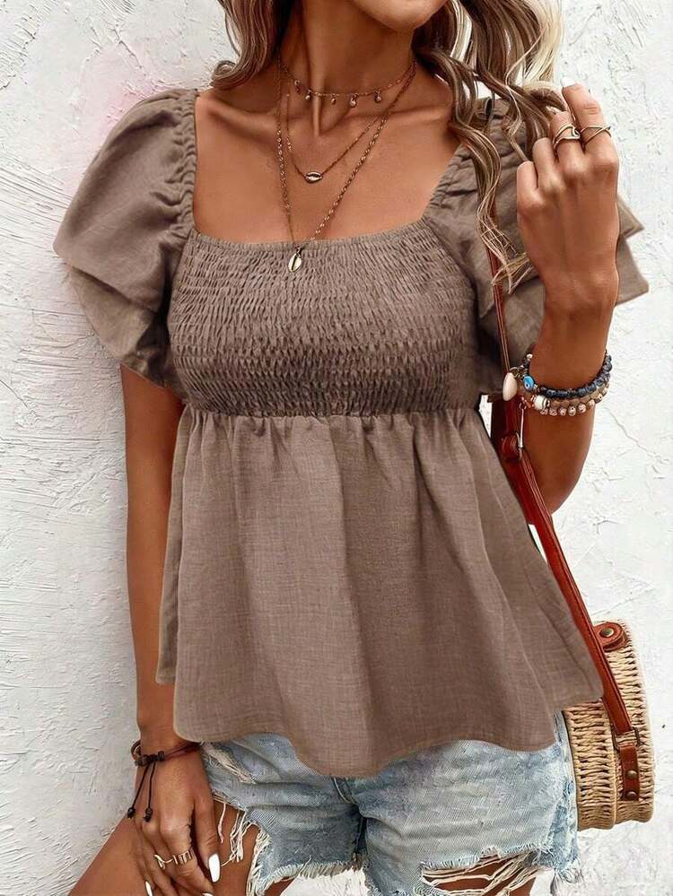 Blusa de Moda para Vacaciones de Manga Corta con Estampado Floral y Volantes en el Bajo para Mujer - Caqui 2 - Añade 4