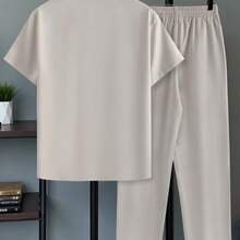 Men's Four-Season Suit Lapel Double-Breasted Casual Short-Sleeve Shirt + Flowing Casual Drawstring Slant Pocket Loose Trousers Set - Nâu nhạt-1 - Xem 3