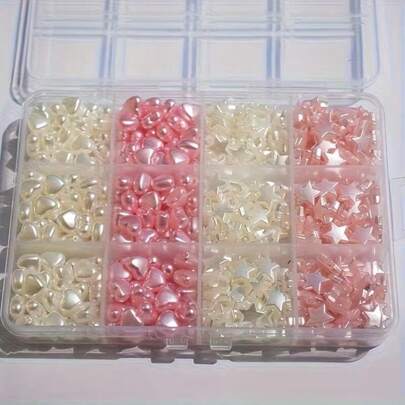 Hạt cườm hình trái tim và ngôi sao màu hồng trắng 10mm, hạt cườm giả ngọc trai, nguyên liệu làm vòng tay và dây chuyền tự làm, vật liệu xâu hạt lãng mạn cho ngày Valentine.