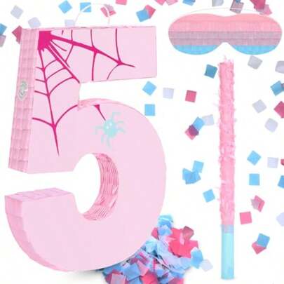 Pink Spider Web Piñata Number 5 Spider Piñata With Stick Blindfold Confetti For Boy Girl Celebration 5th Birthday Party Decorations Supplies 13.7 X 9.8 X 1.9 Inches