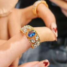 18K Gold Plated Hollow Floral Engraved Blue Oval Zirconia Open Ring For Women - Blue - View 4
