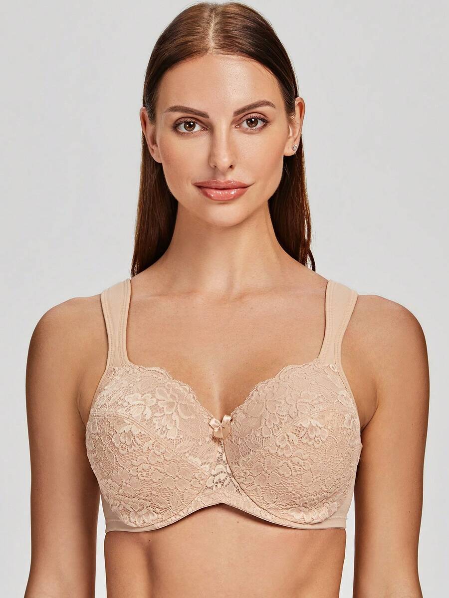 MELENECA Women's Floral Lace Non-Padded Minimizer Full Coverage Underwire Bra - Apricot - View 1