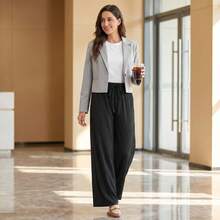 Black Textured Wide Leg Casual Pants, Drawstring Waist, Loose Fit, Suitable For Work And Shopping Spring - Black - View 8