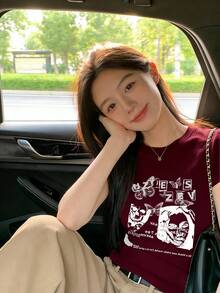 酒红色修身圆领短袖T恤，女士夏季美式性感独特百搭复古休闲上衣 - 酒紅色-1 - 查看 3