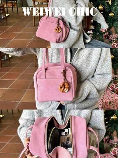 Sweet Solid Pink Suede Mini Handbag, Soft Casual Daily Shoulder Bag.Detachable Cute Charm Pendant Design, Perfect For Students, Young Ladies And Casual Daily Use. Great For Daily Shopping, Casual Hangouts, Weekend Strolls And Coffee Dates.