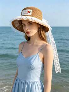 1 chiếc mũ rơm kiểu Lolita ngọt ngào với họa tiết quả anh đào, viền ren ngọc trai giả, thoáng khí, thích hợp cho mùa hè đi biển. - Nhiều màu - Xem 4